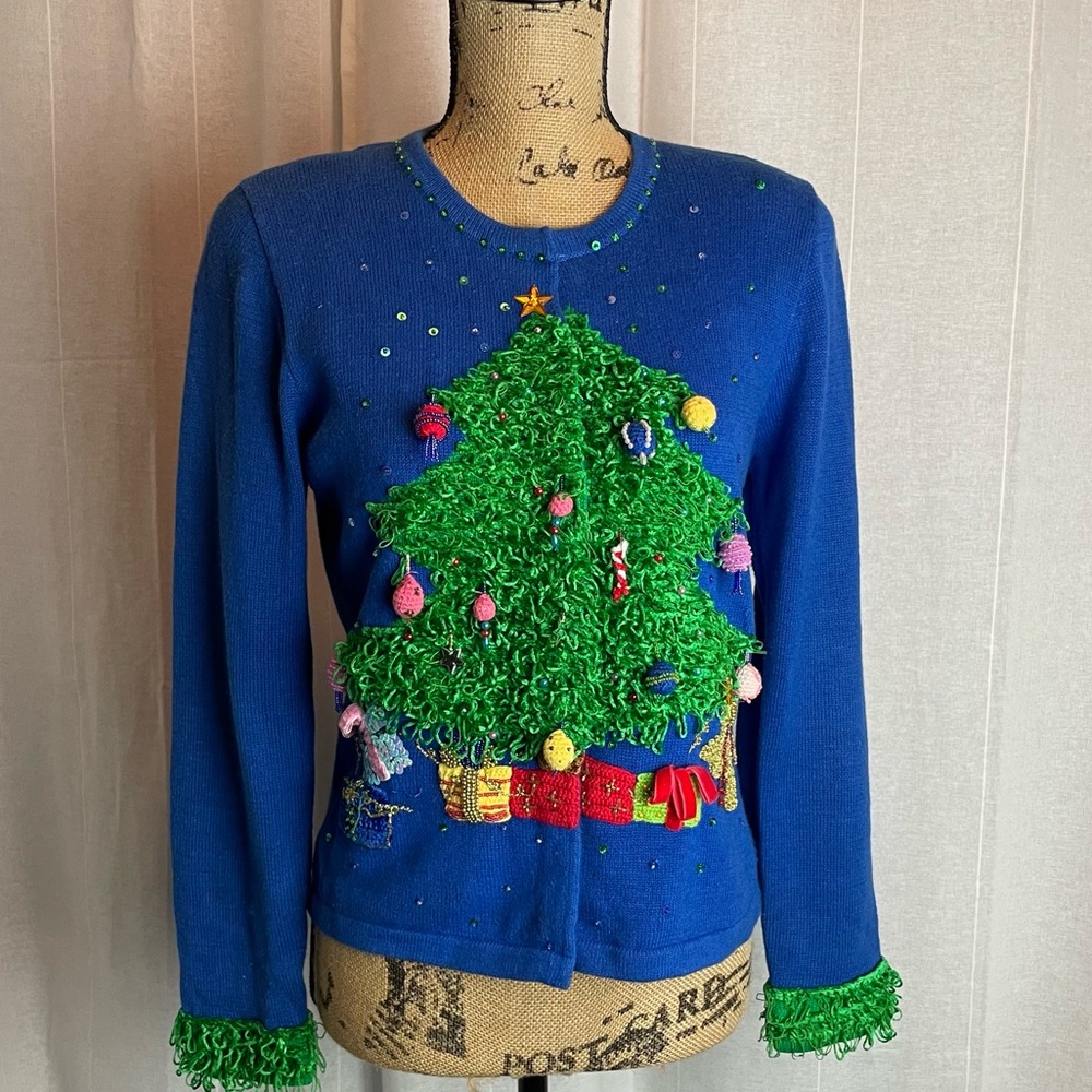 Classic Blue Women's Christmas Tree Cardigan Sweater
